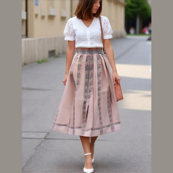 Geiger Dresses & Skirts - 90s GEIGER AUSTRIA PINK & BLUE FLORAL STRIPE PLEAT HIGH WAIST MIDI SKIRT SZ XXS
